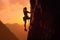 Rock climber in the evening a young woman of an overhanging cliff