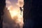 Rock climber in the evening a young woman of an overhanging cliff