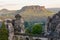 Rock climbers on a rock in the national park of Germany. Saxon Switzerland. Germany, Saxony