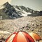 Rock Climbing camp. Caucasus Mountains. vintage effect. Colorful