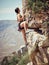 Rock climbing, fitness goal and woman on mountain cliff for strong outdoor workout motivation and wellness. Adventure