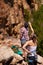Rock climbing, view and friends with route planning and pointing for adventure and outdoor exercise. Mountain, sport and