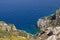 Rock coastline in Greece on island Telendos. Landscape view from hiking path.