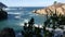 Rock crag of cliff, ocean beach, Point Lobos, California coast. Waves crashing.