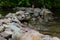 Rock dam and crisp mountain water babble in a brook.