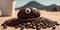 A rock with eyes sits on a pile of coffee beans in a Java coffee landscape