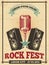 Rock festival vintage vector poster. Rock and roll concert retro background