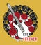 Rock forever. Guitar, red roses on ornate mandala background. Design concept for banner, card, sticker, t-shirt, print, tattoo, po