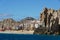 The rock formation and luxury waterfront resort hotels by the beach near Cabo San Lucas, Mexico