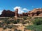 Rock formations and Double Arch at Arches National Park, with shadows and light