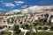 Rock formations near the ancient cave city of Zelve in Cappadocia, Turkey