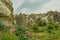 Rock formations and purple iris flowers of Cappadocia in Central Anatolia, Turkey