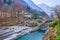 The rock formations of Verzasca River and Salt Bridge Ponte dei Salti in Lavertezzo, Valle Verzasca, Switzerland