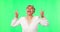 Rock gesture, face and woman in green screen, funny hands or emoji for winning, success or celebration, Excited, crazy