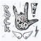 Rock hand sign silhouette print. Grunge zentangle artwork with rock not dead slogan.