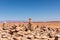 Rock heaps and cairns in the heat of the desert against blue sky with rising moon