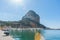 Rock of Ifach, large rock landmark with marina below at Calpe, Alicante Spain