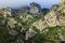 Rock mountain and foggy clouds on top in positano south italy