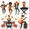 Rock music band singer, bass guitarist and percussion player vector flat icons