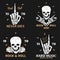 Rock music grunge print for apparel with skeleton hand, skull and rose. Vintage rock-n-roll t-shirt graphics set. Vector.