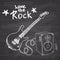 Rock Music Hand drawn sketch guitar with sound box and text love the rock, vector illustration on chalkboard