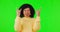 Rock, music and hand gesture with woman on green screen for dance, concert and punk. Crazy, grunge sign and emoji with