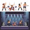 Rock music rockers band performing on stage singer, bass guitarist percussion vector icons