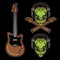 Rock music set of vector objects, alien head in headphones and guitar. Colorful cartoon illustrations on dark background