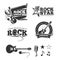 Rock music shop, recording studio, karaoke club vector labels, badges, emblems logos