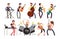 Rock n roll music band vector characters with musical instruments. Musicians playing music