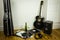 Rock\'n\'roll setup with ukulele, acoustic guitar, speaker, vinyl