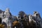 Rock outcroppings in autumn, with the moon