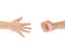 Rock Paper Scissors gambling hand game for all of ages and sex. This is Asian male hands post on white background