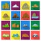 Rock, peak, volcano, and other kinds of mountains. Different mountains set collection icons in flat style vector symbol