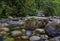Rock pile or cairn in a water stream, silky long exposure, forest in the background, Lynn Canyon Park, Vancouver, Canada