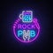 Rock Pub Logo Neon Vector. Rock Bar Neon Sign, Concept with a glass, Bright Night Advertising, Light Banner, Live Music