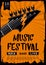 Rock and Roll background. Indie festival and party template. Hardrock music poster with guitar and human hand. Vector