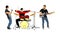 Rock and roll band vector illustration. Musician play bass guitar and drums on stage. Super star music concert show. Great event.