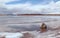 A rock sentinel sits in the still icy ocean on a bright winter day