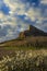 Rock of Solutre with vineyards, Burgundy, Solutre-Pouilly, France