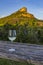 Rock of Solutre with vineyards, Burgundy, Solutre-Pouilly, France