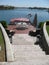 Rock Staircase, Redwood Patio Deck with Pontoon Boat on Lake