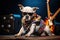 rock star dog practicing guitar onstage at sold-out concert