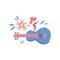 Rock stars flat hand drawn vector character. Tiny woman musician playing on huge guitar. Female guitarist staying on musical