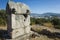 Rock tomb ruin at necropolis of Xanthos Ancient Lycia City, Turkey. Old Lycian civilization heritage