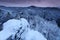 Rock view with snow before sunrise Bohemian Switzerland National Park, Czech republic