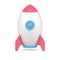 Rocket 3d ready for launch. White spaceship standing on surface with pink supports