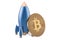 Rocket with bitcoin flying to the moon, 3D rendering