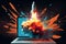 a rocket blasting off from a laptop, with flames and smoke bursting out of the screen