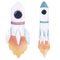 Rocket in cartoon childish stile. Watercolor hand drawn set of spacecraft icons